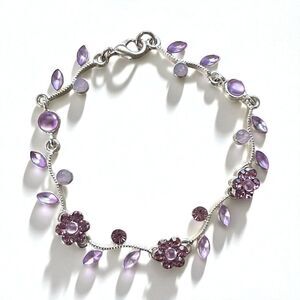 Silver Floral Bracelet Purple Crystal Gemstones Vine Design 7.5”